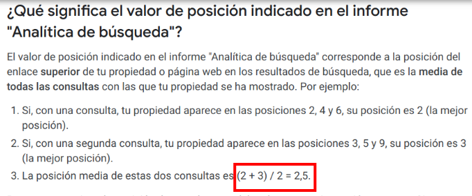 Cálculo de la posición media en Search Console