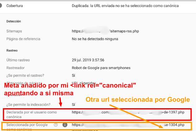 Google a seleccionada otra url canonica a la del usuario 