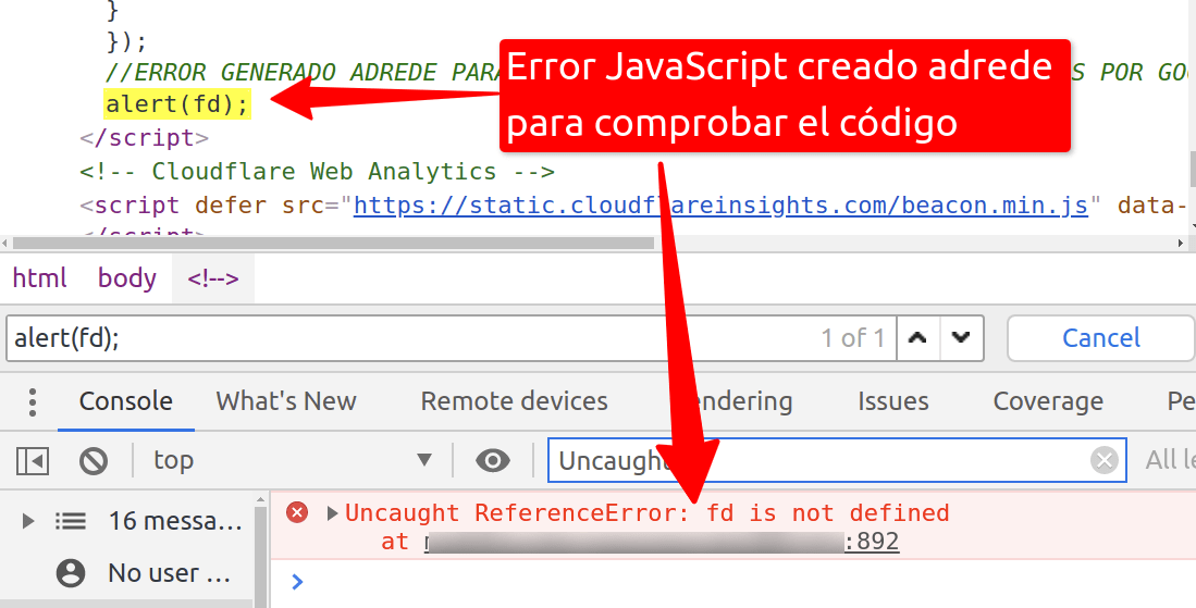 Error JavaScript de prueba para comprobar el código