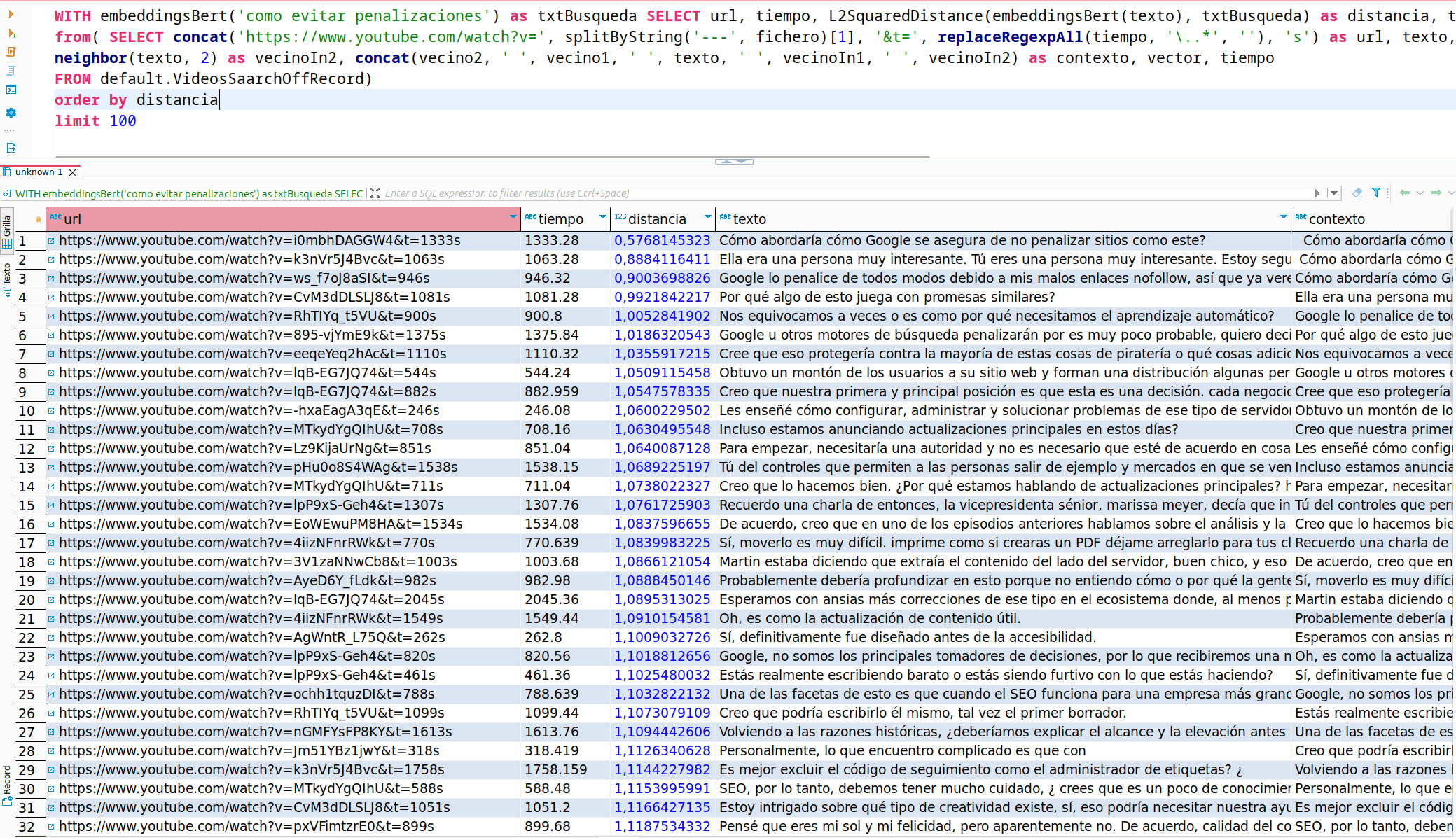 resultado de la búsqueda semántica usando embeddings