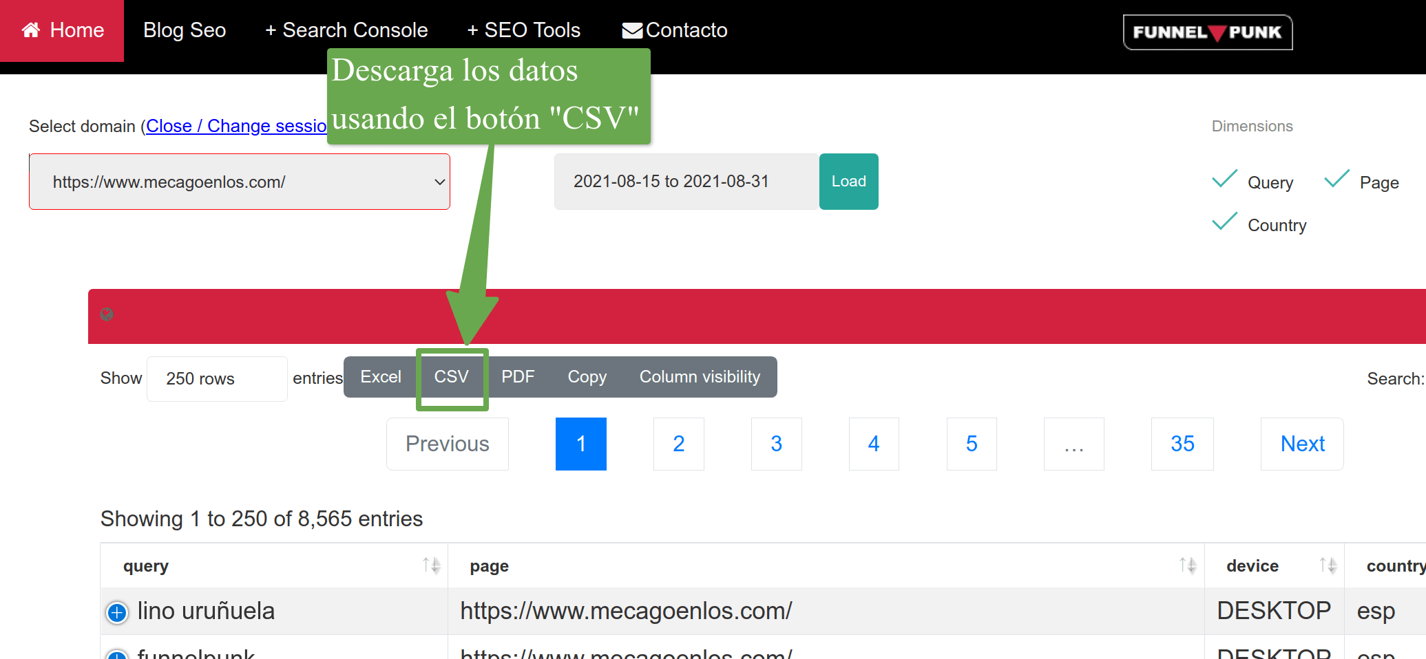 Export data from Google Search Console