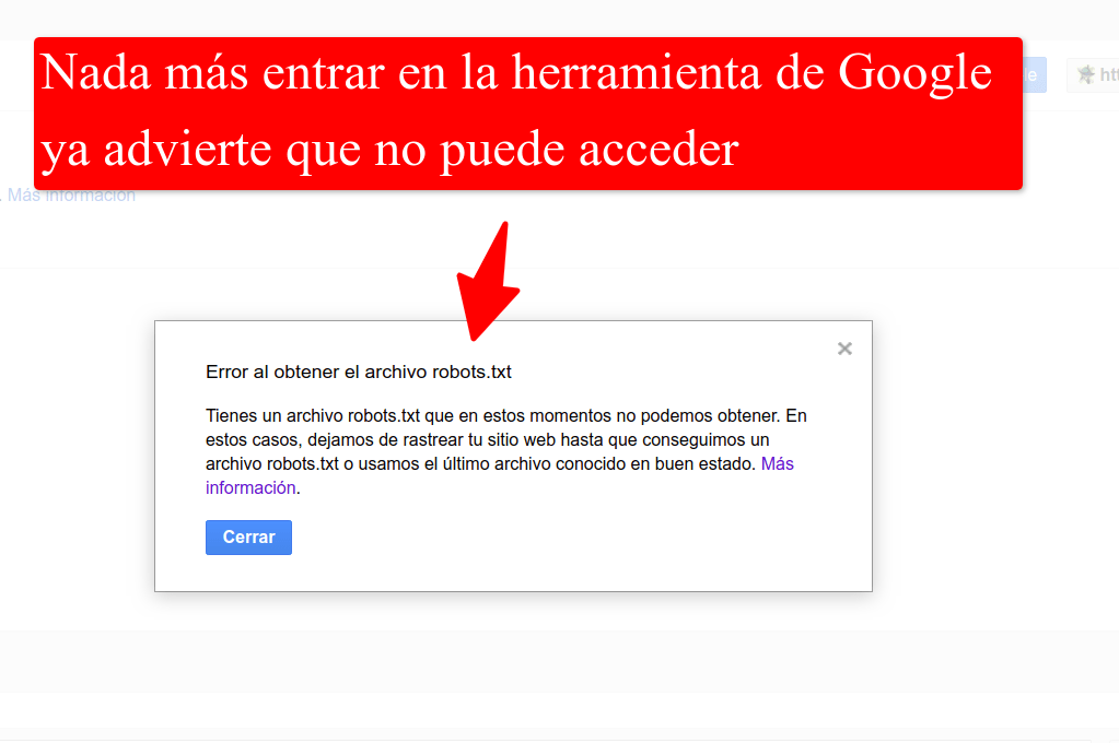 Mensje de error en el probador de robots.txt